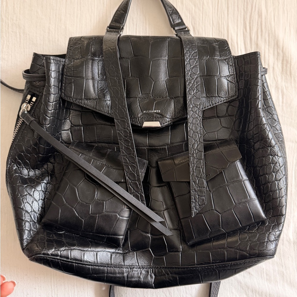 AllSaints Black Croc-Embossed Leather Backpack